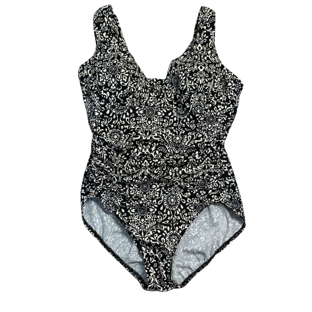 Land's End V Neck Black White Floral Paisley One Piece Swim Suit Size 14 Beach